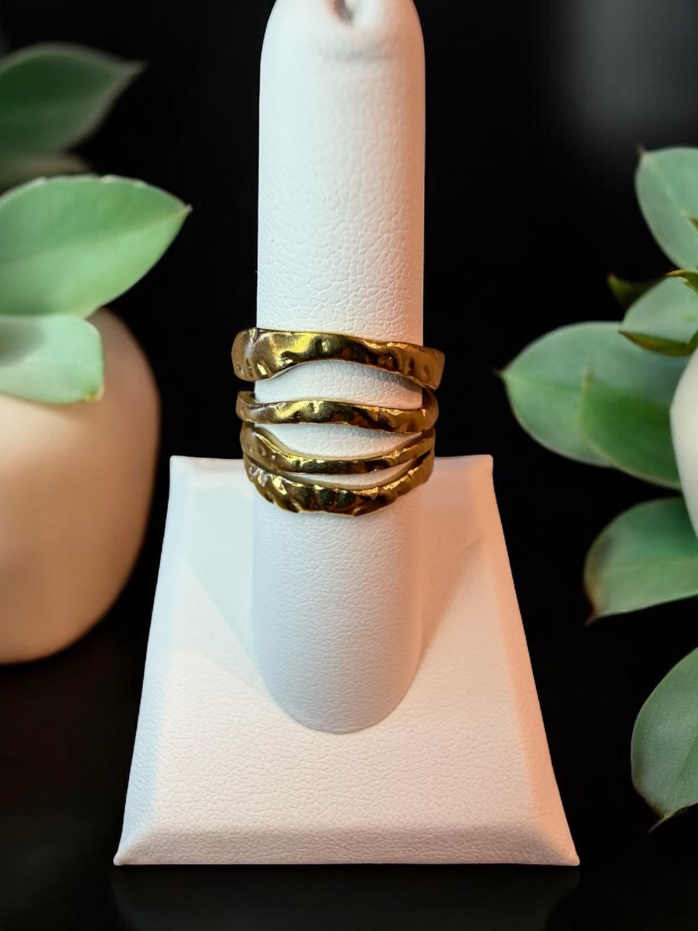 Stainless Steel Textured Adjustable Open Band Ring - Gold NEW